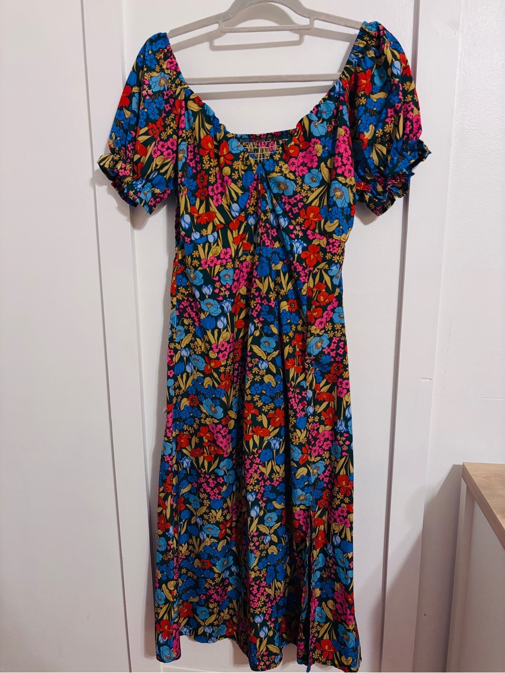 Puff-Sleeve Floral Midi Dress in Blue & Pink